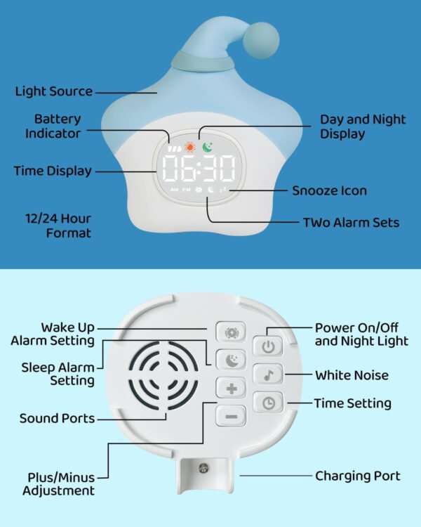 Reloj despertador de estrellas con luz nocturna para niños con entrenamiento del sueño y máquina de sonido, lámpara de silicona recargable para despertar, bonita lámpara de mesa de animales, compañero - Imagen 27
