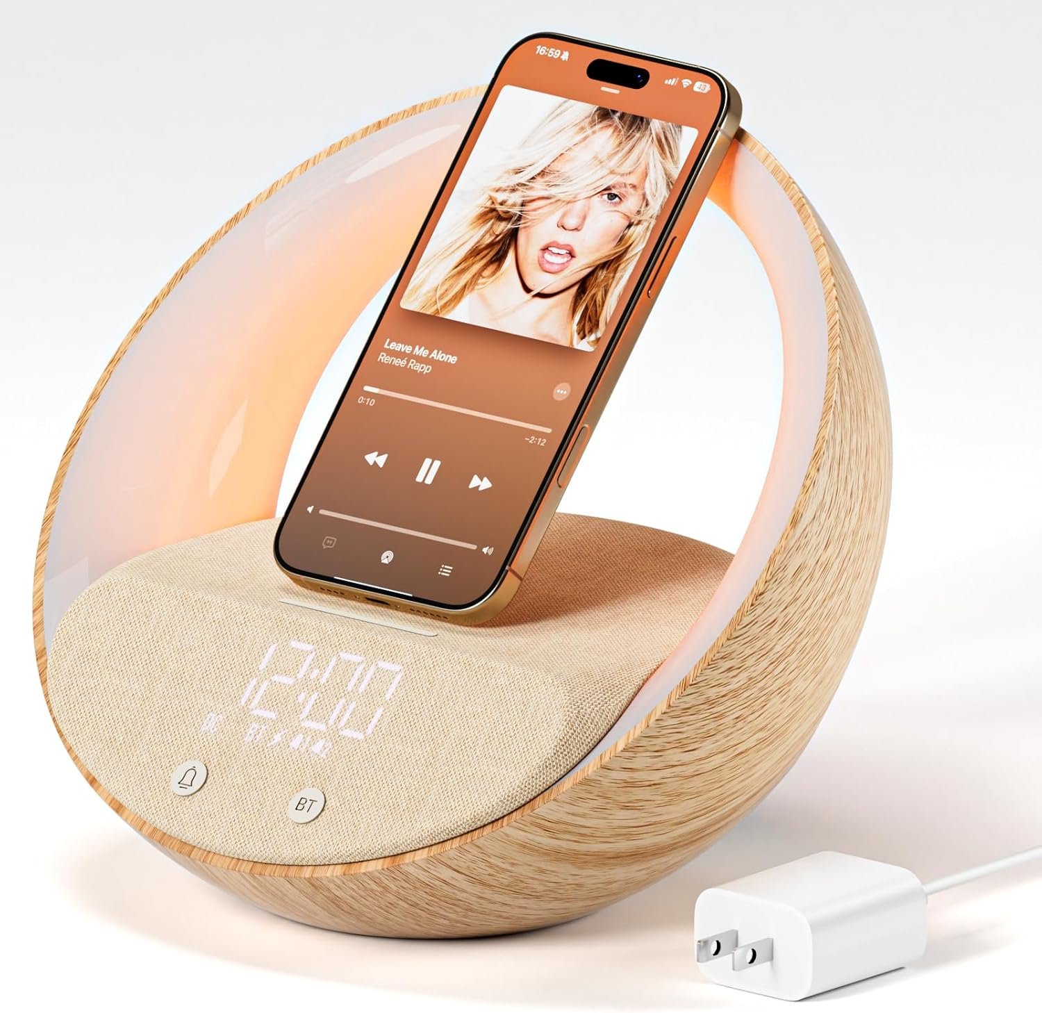 Reloj despertador Bluetooth, simulación de amanecer, luz nocturna de despertador, 15 W de carga inalámbrica rápida para dormitorio, altavoz de sonido estéreo Bluetooth de 10 W, puerto de carga - Imagen 2