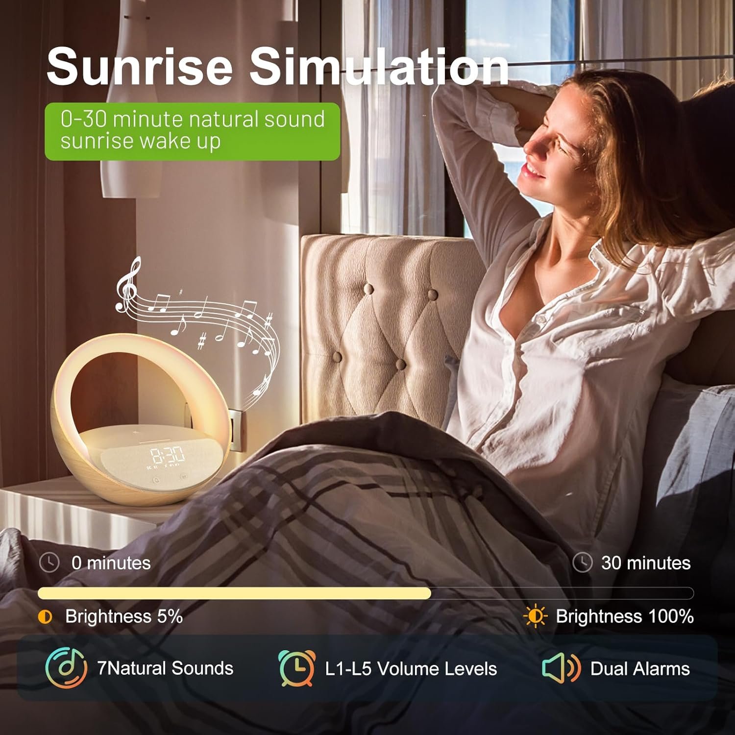 Reloj despertador Bluetooth, simulación de amanecer, luz nocturna de despertador, 15 W de carga inalámbrica rápida para dormitorio, altavoz de sonido estéreo Bluetooth de 10 W, puerto de carga - Imagen 3