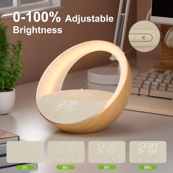 Reloj despertador Bluetooth, simulación de amanecer, luz nocturna de despertador, 15 W de carga inalámbrica rápida para dormitorio, altavoz de sonido estéreo Bluetooth de 10 W, puerto de carga - Imagen 5