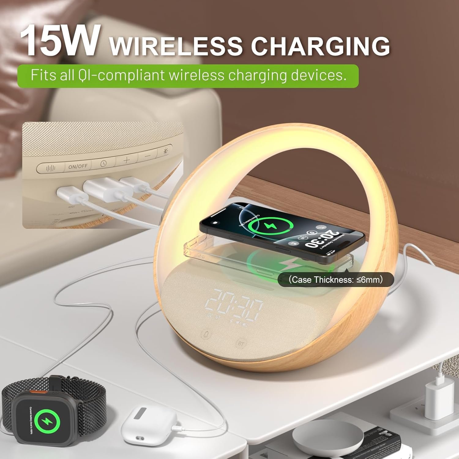 Reloj despertador Bluetooth, simulación de amanecer, luz nocturna de despertador, 15 W de carga inalámbrica rápida para dormitorio, altavoz de sonido estéreo Bluetooth de 10 W, puerto de carga - Imagen 6