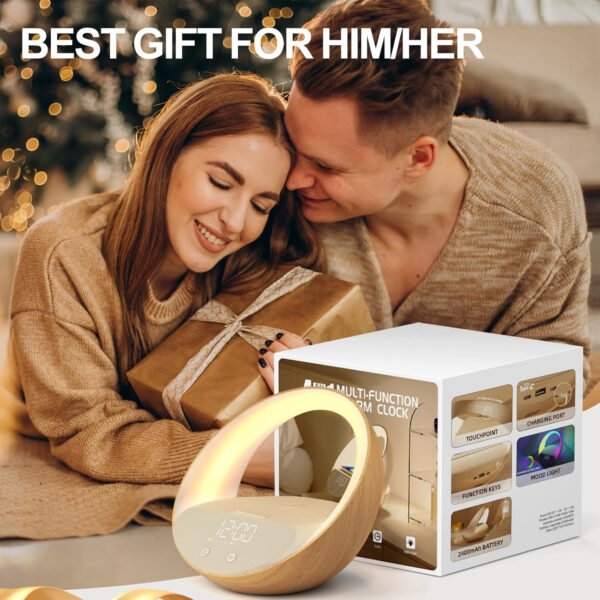 Reloj despertador Bluetooth, simulación de amanecer, luz nocturna de despertador, 15 W de carga inalámbrica rápida para dormitorio, altavoz de sonido estéreo Bluetooth de 10 W, puerto de carga - Imagen 7
