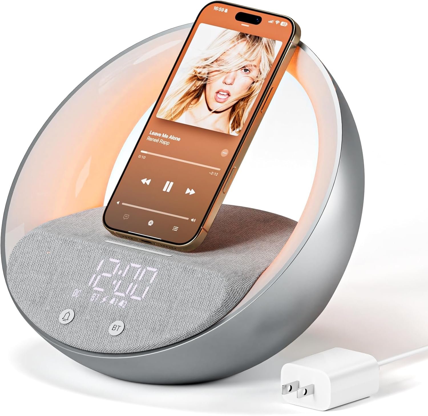 Reloj despertador Bluetooth, simulación de amanecer, luz nocturna de despertador, 15 W de carga inalámbrica rápida para dormitorio, altavoz de sonido estéreo Bluetooth de 10 W, puerto de carga - Imagen 9