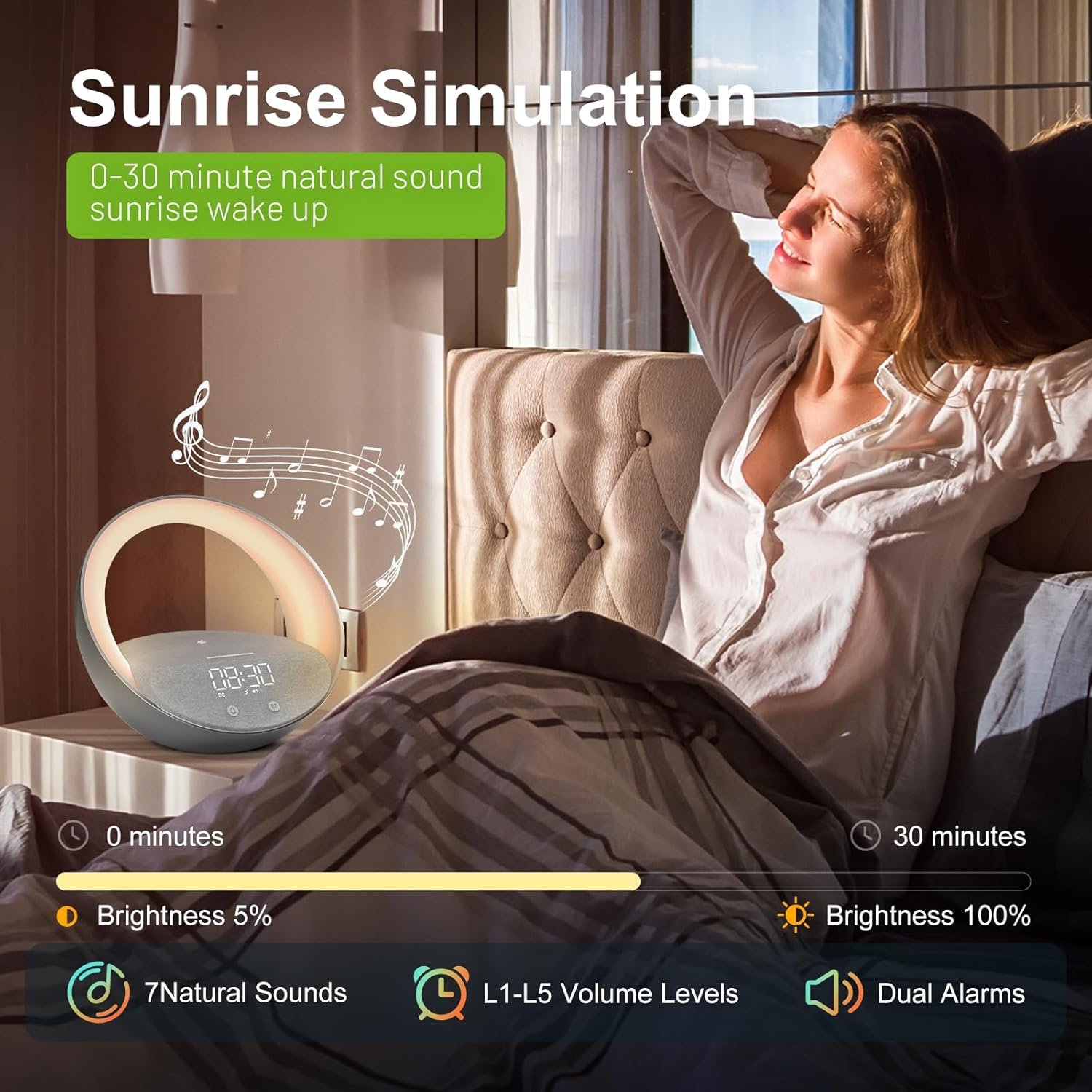 Reloj despertador Bluetooth, simulación de amanecer, luz nocturna de despertador, 15 W de carga inalámbrica rápida para dormitorio, altavoz de sonido estéreo Bluetooth de 10 W, puerto de carga - Imagen 10