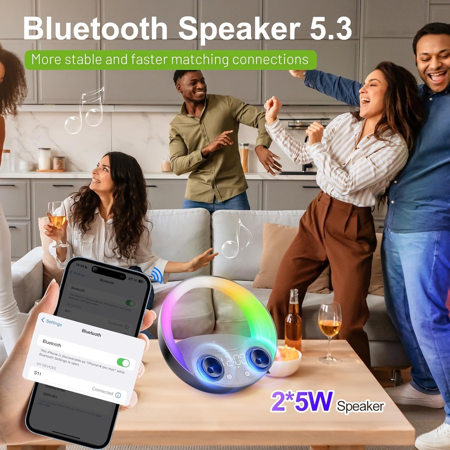 Reloj despertador Bluetooth, simulación de amanecer, luz nocturna de despertador, 15 W de carga inalámbrica rápida para dormitorio, altavoz de sonido estéreo Bluetooth de 10 W, puerto de carga - Imagen 11