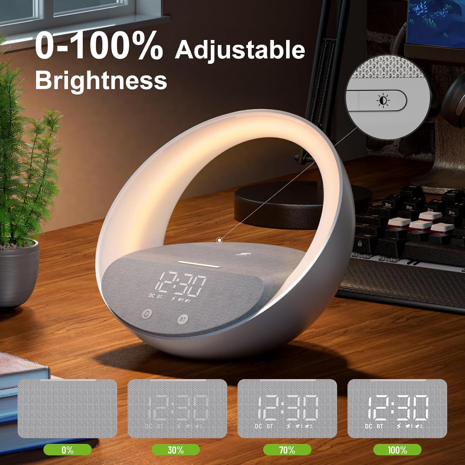 Reloj despertador Bluetooth, simulación de amanecer, luz nocturna de despertador, 15 W de carga inalámbrica rápida para dormitorio, altavoz de sonido estéreo Bluetooth de 10 W, puerto de carga - Imagen 12
