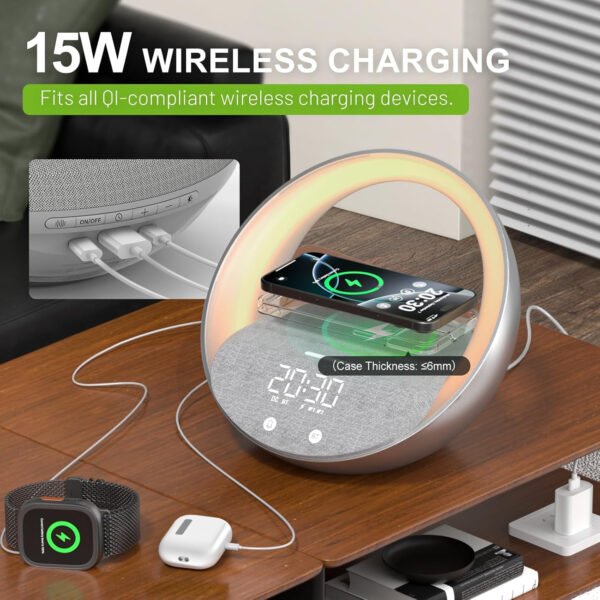 Reloj despertador Bluetooth, simulación de amanecer, luz nocturna de despertador, 15 W de carga inalámbrica rápida para dormitorio, altavoz de sonido estéreo Bluetooth de 10 W, puerto de carga - Imagen 13