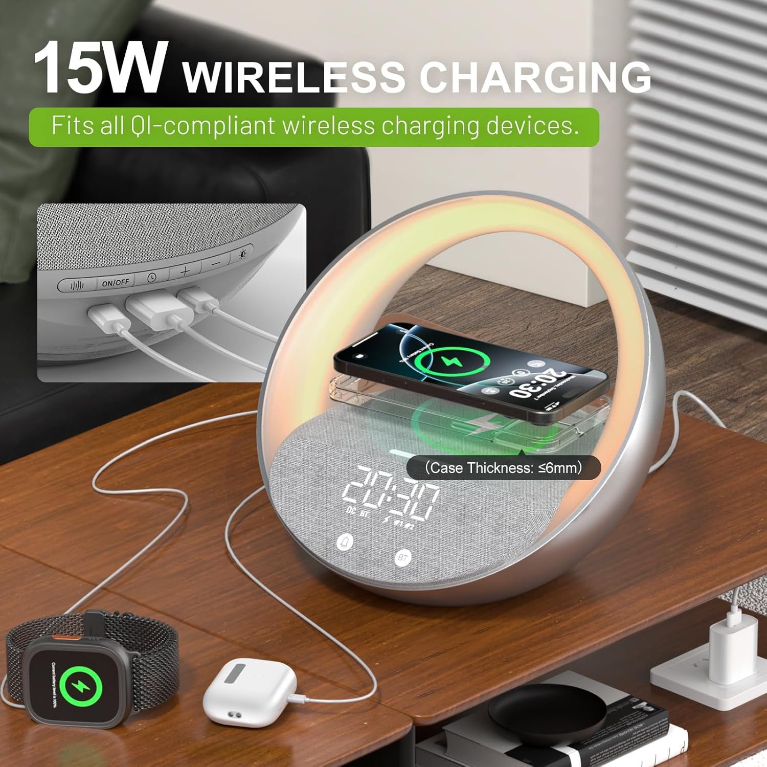Reloj despertador Bluetooth, simulación de amanecer, luz nocturna de despertador, 15 W de carga inalámbrica rápida para dormitorio, altavoz de sonido estéreo Bluetooth de 10 W, puerto de carga - Imagen 13