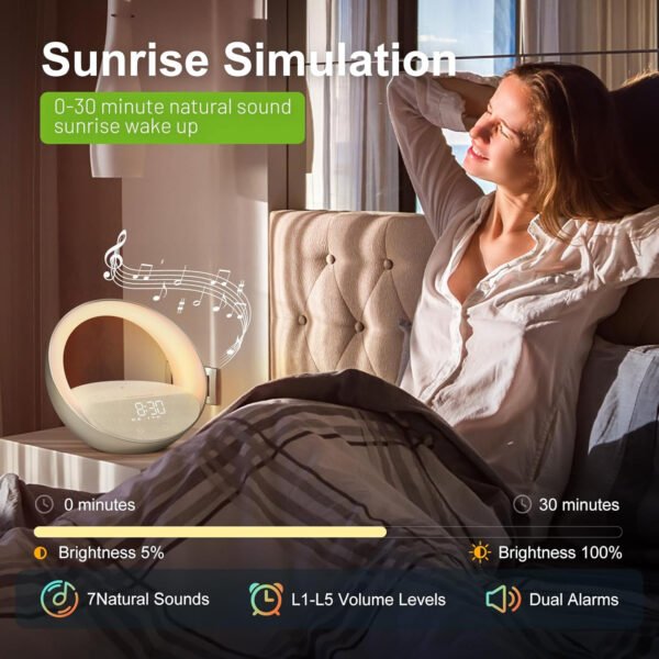 Reloj despertador Bluetooth, simulación de amanecer, luz nocturna de despertador, 15 W de carga inalámbrica rápida para dormitorio, altavoz de sonido estéreo Bluetooth de 10 W, puerto de carga - Imagen 17