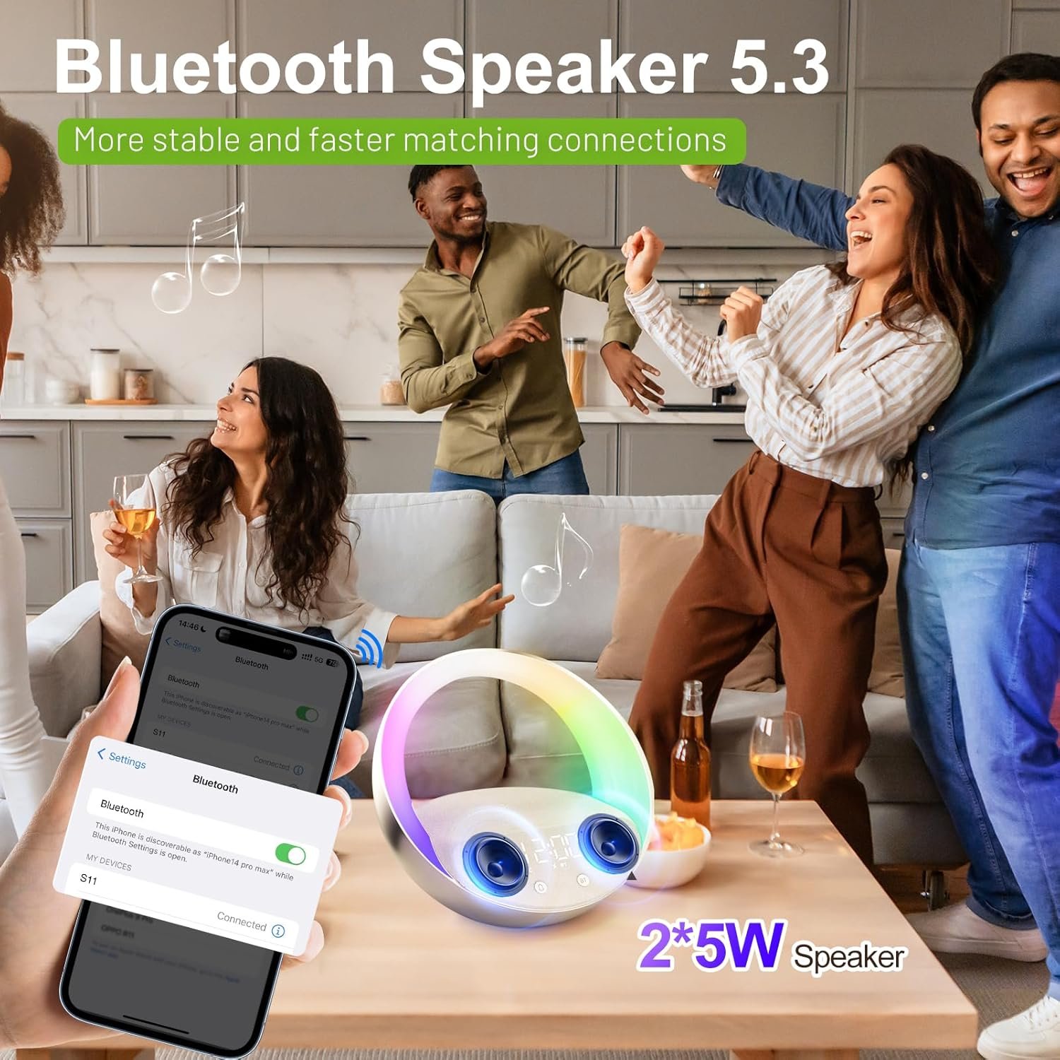 Reloj despertador Bluetooth, simulación de amanecer, luz nocturna de despertador, 15 W de carga inalámbrica rápida para dormitorio, altavoz de sonido estéreo Bluetooth de 10 W, puerto de carga - Imagen 18