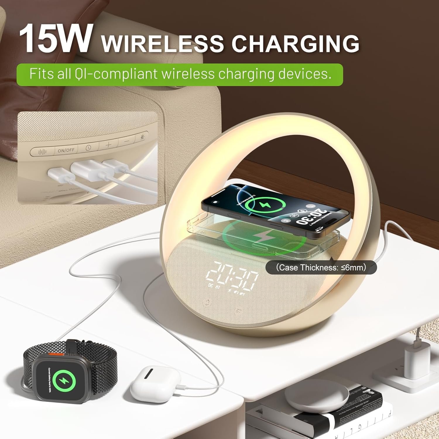 Reloj despertador Bluetooth, simulación de amanecer, luz nocturna de despertador, 15 W de carga inalámbrica rápida para dormitorio, altavoz de sonido estéreo Bluetooth de 10 W, puerto de carga - Imagen 20