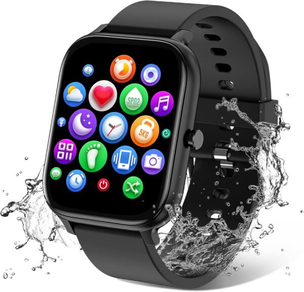 Reloj inteligente para hombres y mujeres, compatible con iPhone, Samsung, teléfono Android de 1.69 pulgadas, pantalla táctil completa IP68, impermeable, Bluetooth, monitor de ritmo cardíaco y sueño, color negro