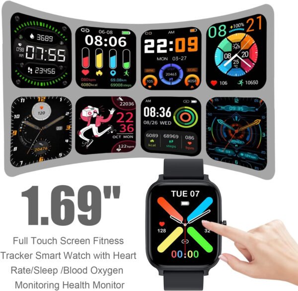 Reloj inteligente para hombres y mujeres, compatible con iPhone, Samsung, teléfono Android de 1.69 pulgadas, pantalla táctil completa IP68, impermeable, Bluetooth, monitor de ritmo cardíaco y sueño, color negro - Imagen 2