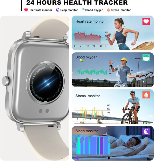Reloj inteligente para hombres y mujeres, compatible con iPhone, Samsung, teléfono Android de 1.69 pulgadas, pantalla táctil completa IP68, impermeable, Bluetooth, monitor de ritmo cardíaco y sueño, color negro - Imagen 11