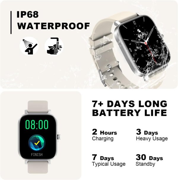 Reloj inteligente para hombres y mujeres, compatible con iPhone, Samsung, teléfono Android de 1.69 pulgadas, pantalla táctil completa IP68, impermeable, Bluetooth, monitor de ritmo cardíaco y sueño, color negro - Imagen 15