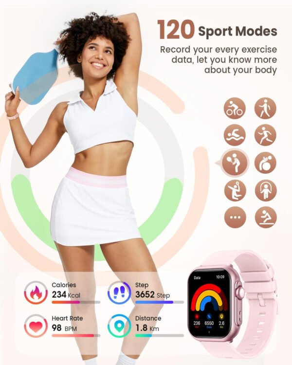 Reloj inteligente para mujer para Android iPhone: reloj inteligente con 30 días+duración de la batería hace/respuesta llamada llamada sueño ritmo cardíaco monitor SpO2 IP68 impermeable 120+modo - Imagen 7