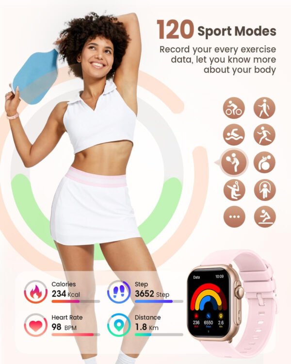 Reloj inteligente para mujer para Android iPhone: reloj inteligente con 30 días+duración de la batería hace/respuesta llamada llamada sueño ritmo cardíaco monitor SpO2 IP68 impermeable 120+modo - Imagen 15