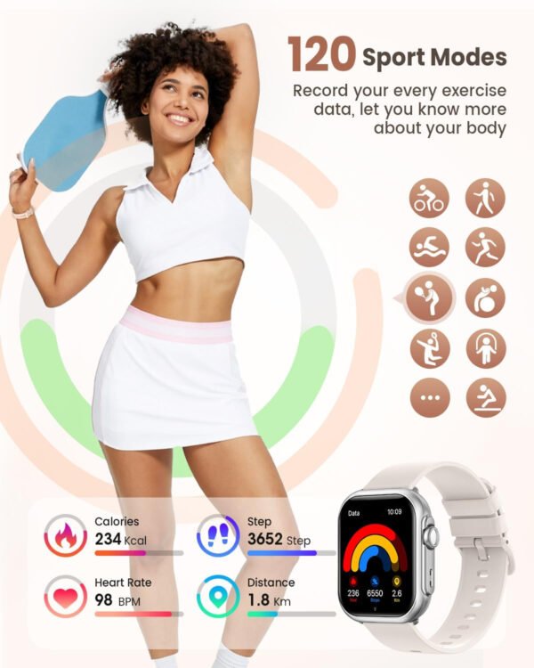Reloj inteligente para mujer para Android iPhone: reloj inteligente con 30 días+duración de la batería hace/respuesta llamada llamada sueño ritmo cardíaco monitor SpO2 IP68 impermeable 120+modo - Imagen 28