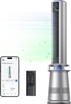 Dreo MC710S - Ventilador de torre purificador de aire, ventilador inteligente 2 en 1 de 45 pulgadas para dormitorio, velocidad de 27 pies/s, oscilación de 120°, ventiladores sin aspas con temporizador