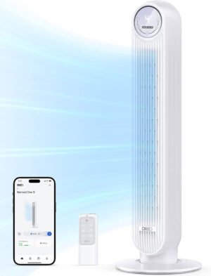 Dreo Ventilador de torre para dormitorio, ventiladores inteligentes de pie de 25 pies/s, ventilador de piso oscilante de 90° con 4 modos, 4 velocidades, temporizador de 8 horas, 28 dB, sin aspas,