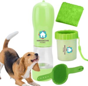 Botella portátil de agua y comida para perros, limpiador de patas, cepillo, toalla, botella de agua de viaje para perros y gatos, perfecta para viajes por carretera, paseos y aventuras