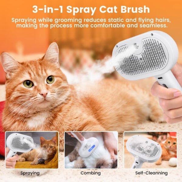 Cepillo de vapor 3 en 1 para gatos, cepillo de vapor para mascotas para gatos y perros de pelo largo corto, peine de eliminación de pelo en aerosol para mascotas para animales pequeños que se - Imagen 6