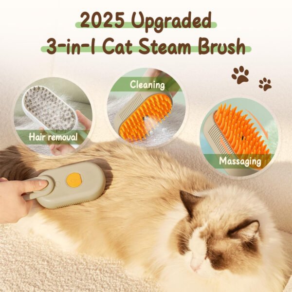 Cepillo de vapor para mascotas, cepillo de vapor 3 en 1 para gatos para quitar y arreglarse, peine multifuncional de limpieza para perros (caqui) - Imagen 2
