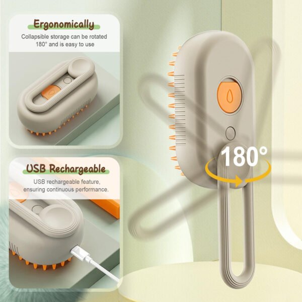 Cepillo de vapor para mascotas, cepillo de vapor 3 en 1 para gatos para quitar y arreglarse, peine multifuncional de limpieza para perros (caqui) - Imagen 3