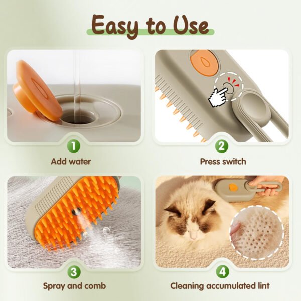 Cepillo de vapor para mascotas, cepillo de vapor 3 en 1 para gatos para quitar y arreglarse, peine multifuncional de limpieza para perros (caqui) - Imagen 4