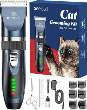 oneisall Cortapelos para perros de bajo ruido, 2 velocidades, silencioso, recargable, inalámbrico, para perros pequeños y grandes, gatos, animales (azul marino)