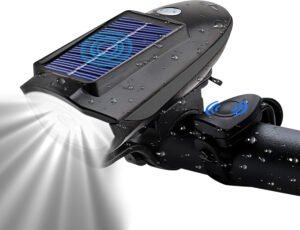 Campana de bicicleta con función de iluminación frontal solar y función impermeable. El juego contiene pegatinas reflectantes.