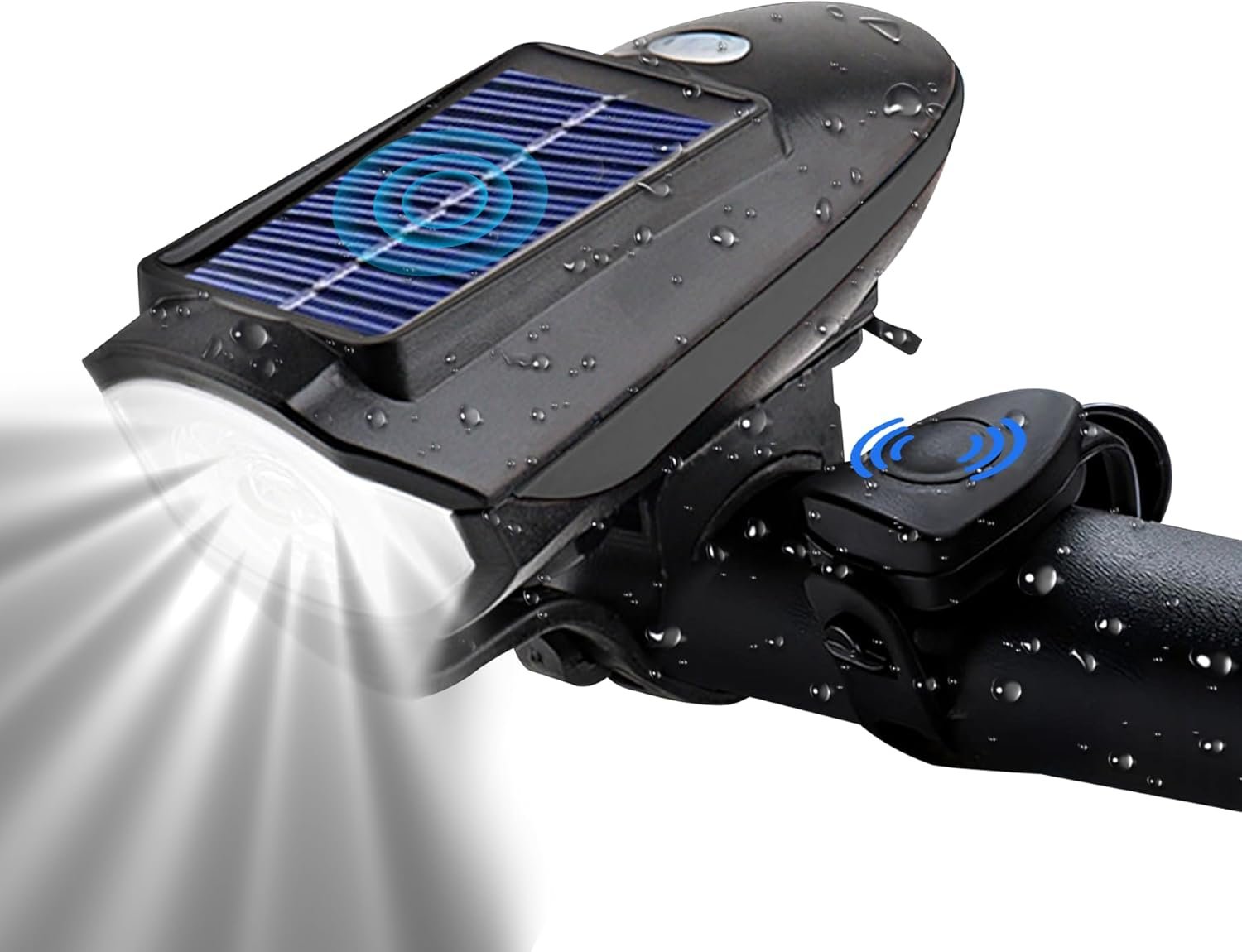 Campana de bicicleta con función de iluminación frontal solar y función impermeable. El juego contiene pegatinas reflectantes.