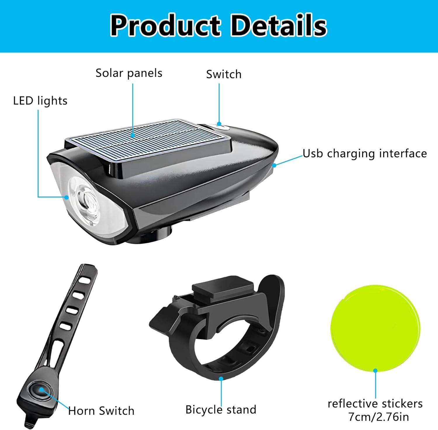 Campana de bicicleta con función de iluminación frontal solar y función impermeable. El juego contiene pegatinas reflectantes. - Imagen 2