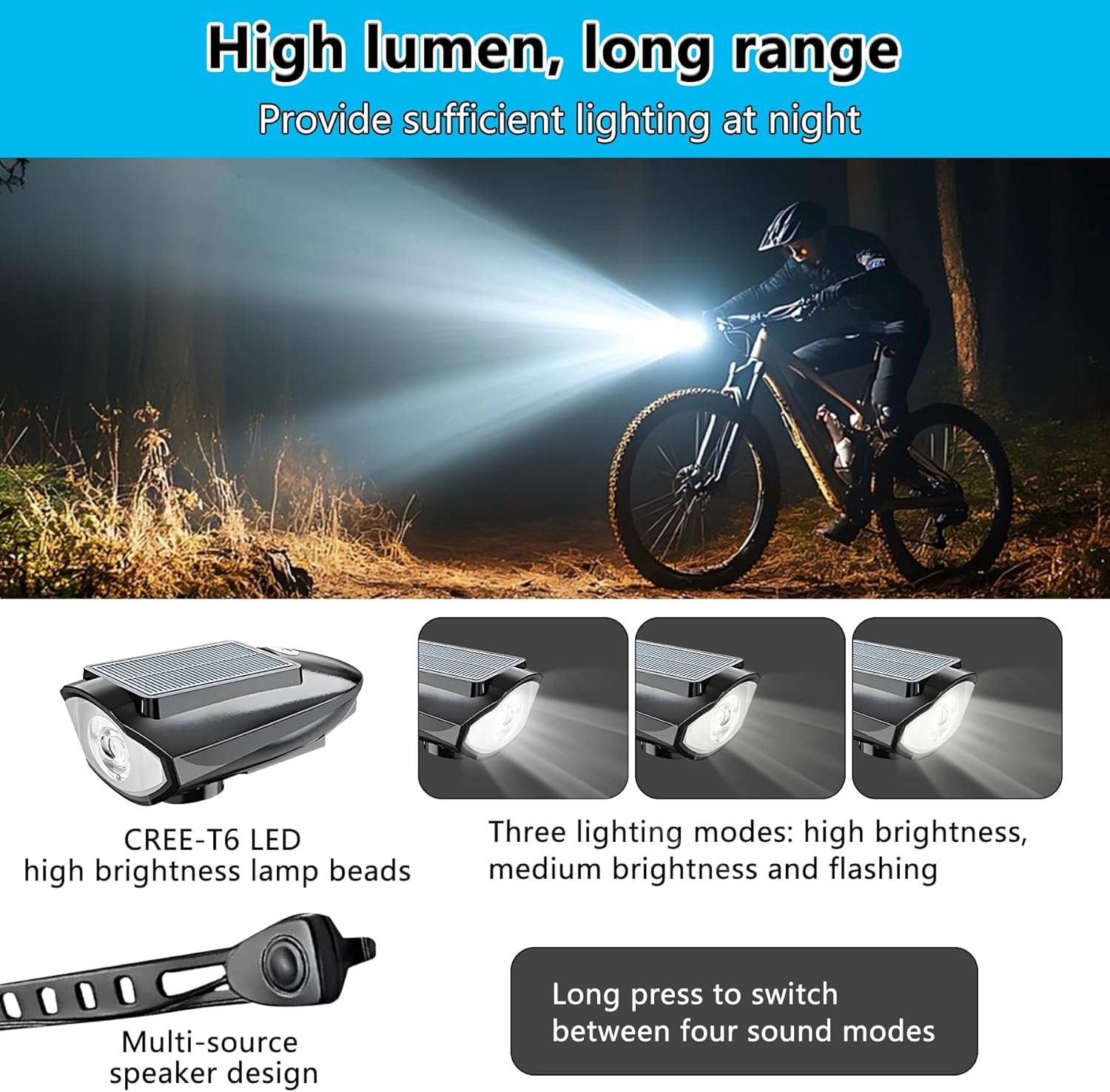 Campana de bicicleta con función de iluminación frontal solar y función impermeable. El juego contiene pegatinas reflectantes. - Imagen 4