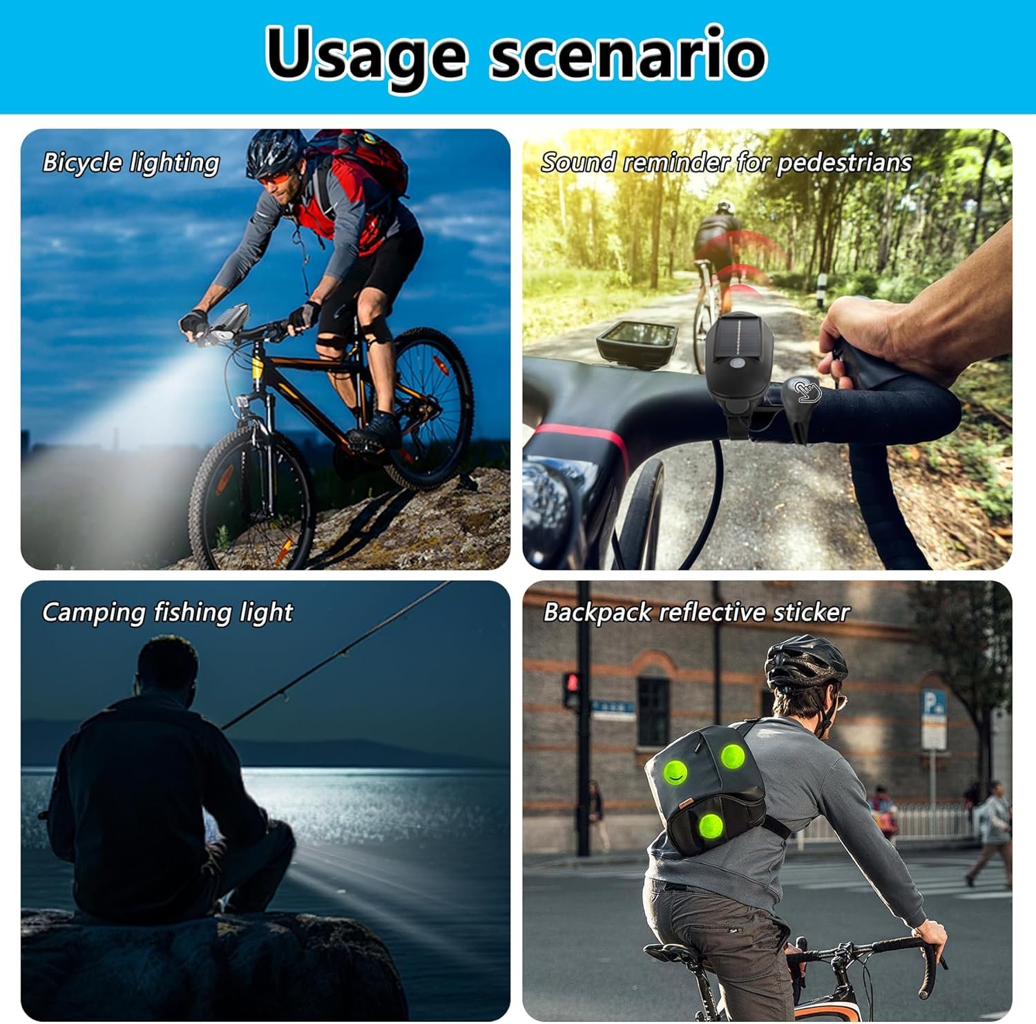 Campana de bicicleta con función de iluminación frontal solar y función impermeable. El juego contiene pegatinas reflectantes. - Imagen 6