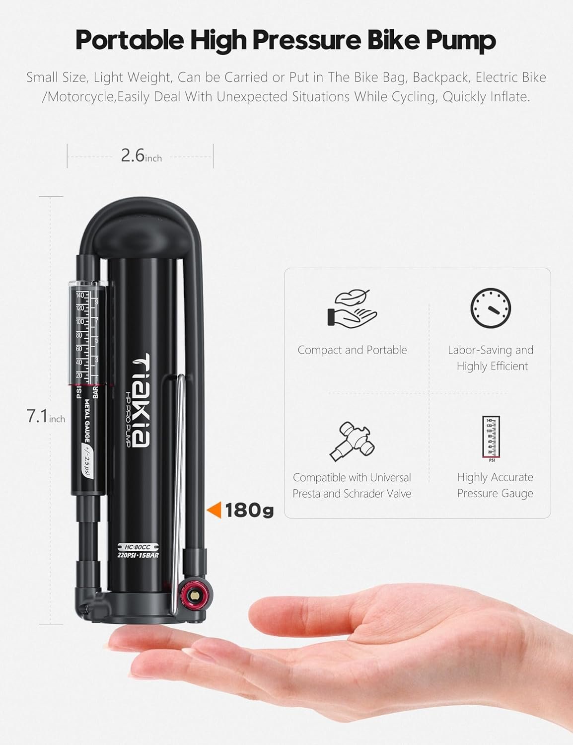 Tiakia Bomba de bicicleta con manómetro, bomba de bicicleta de alta presión, bomba de aire de mano portátil de alto volumen, compatible con Presta, válvulas Schrader, bomba de neumáticos de bicicleta - Imagen 2