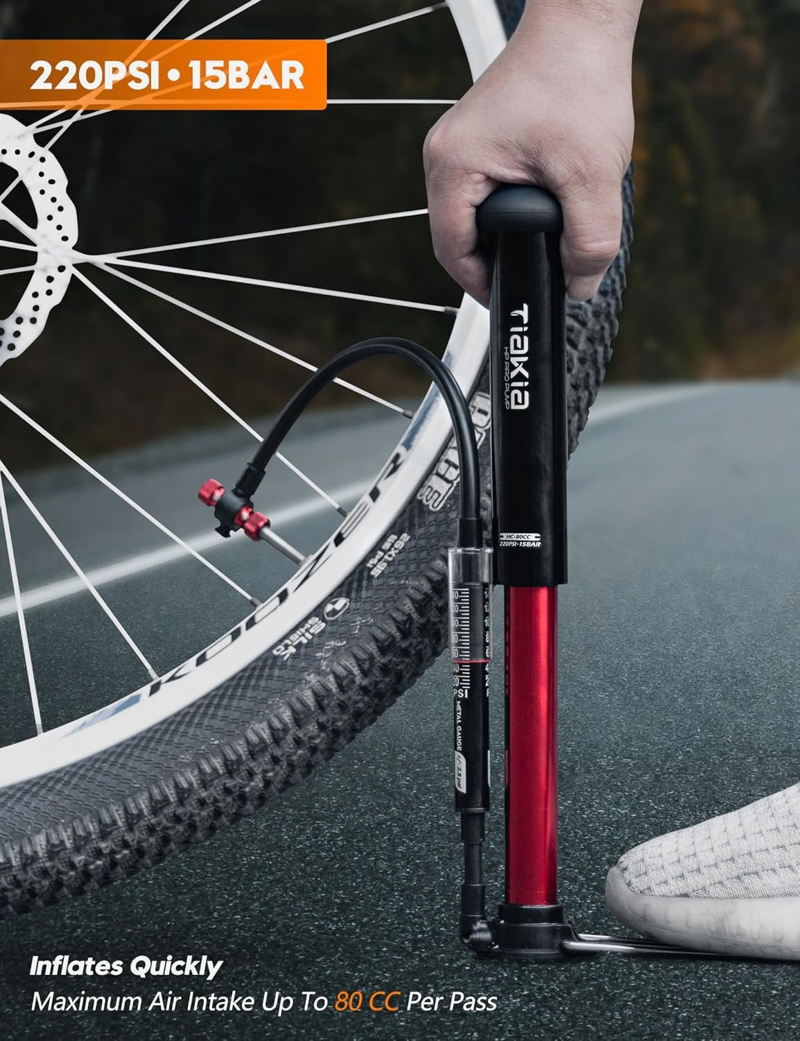 Tiakia Bomba de bicicleta con manómetro, bomba de bicicleta de alta presión, bomba de aire de mano portátil de alto volumen, compatible con Presta, válvulas Schrader, bomba de neumáticos de bicicleta - Imagen 3