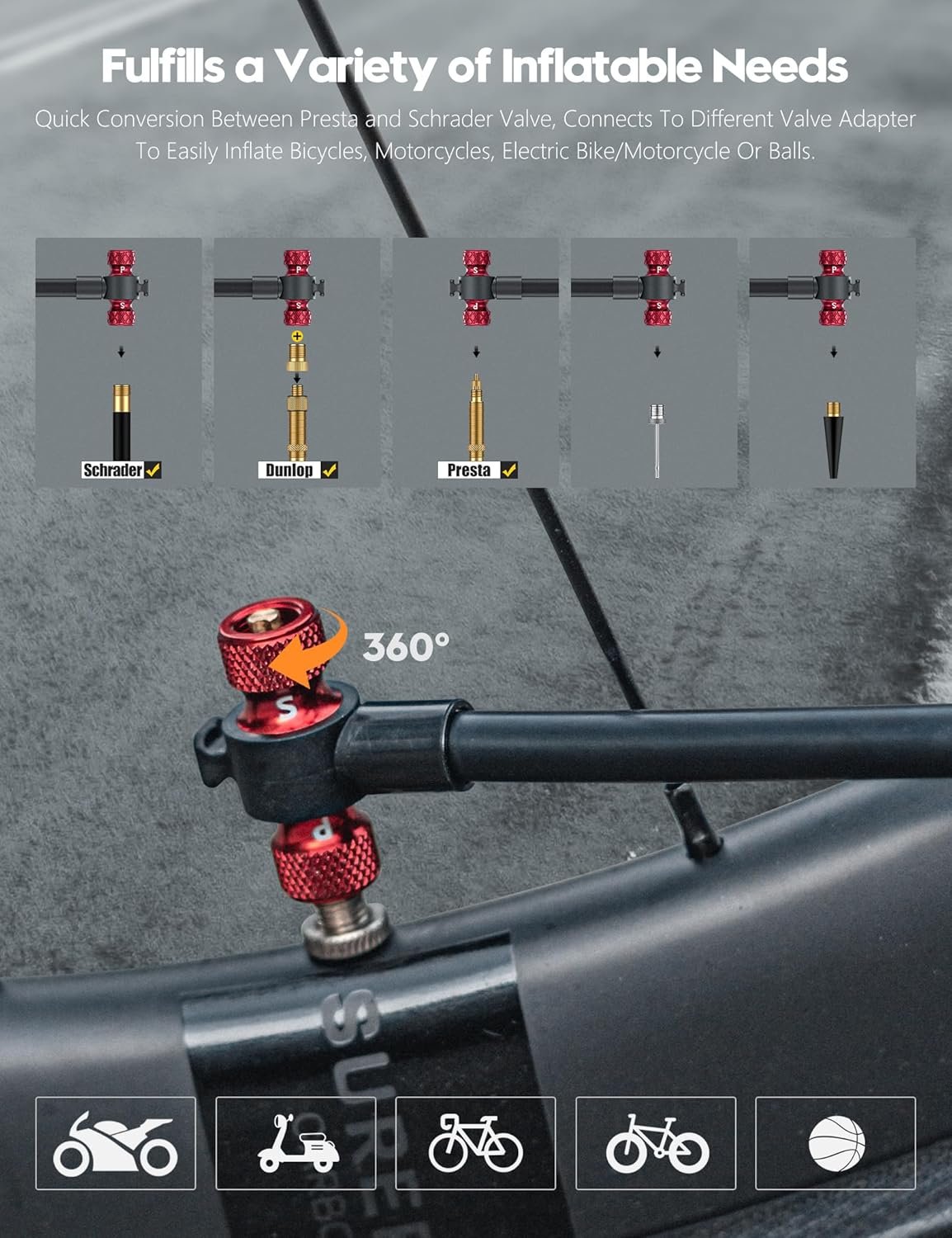 Tiakia Bomba de bicicleta con manómetro, bomba de bicicleta de alta presión, bomba de aire de mano portátil de alto volumen, compatible con Presta, válvulas Schrader, bomba de neumáticos de bicicleta - Imagen 4