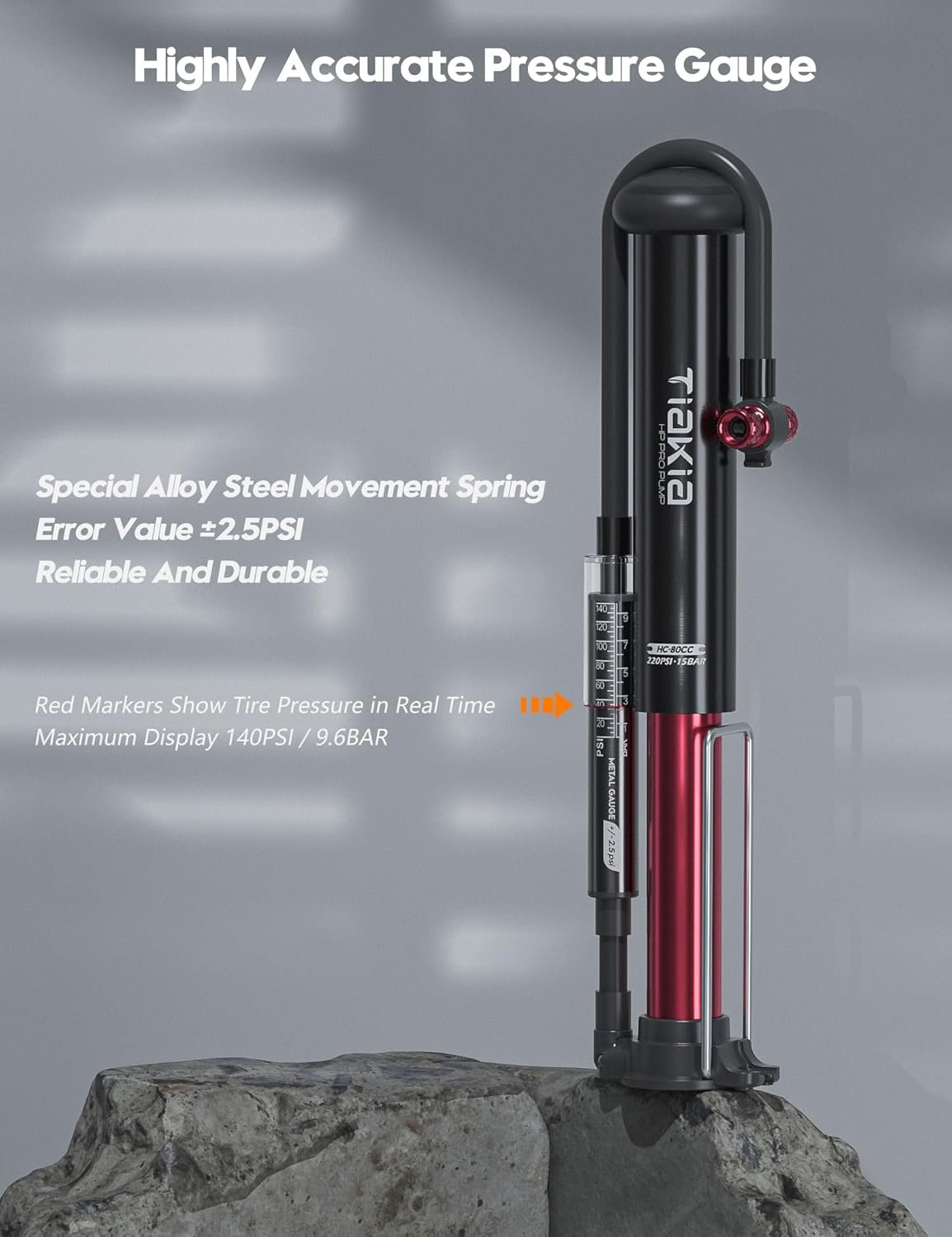 Tiakia Bomba de bicicleta con manómetro, bomba de bicicleta de alta presión, bomba de aire de mano portátil de alto volumen, compatible con Presta, válvulas Schrader, bomba de neumáticos de bicicleta - Imagen 5