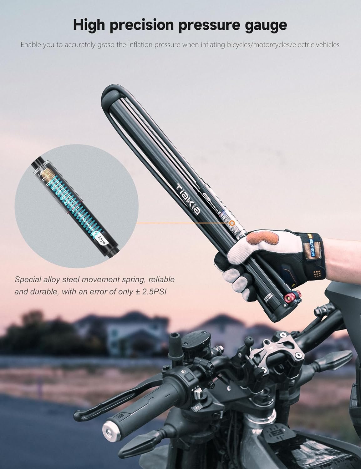 Tiakia Bomba de bicicleta con manómetro, bomba de bicicleta de alta presión, bomba de aire de mano portátil de alto volumen, compatible con Presta, válvulas Schrader, bomba de neumáticos de bicicleta - Imagen 9