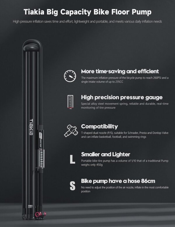 Tiakia Bomba de bicicleta con manómetro, bomba de bicicleta de alta presión, bomba de aire de mano portátil de alto volumen, compatible con Presta, válvulas Schrader, bomba de neumáticos de bicicleta - Imagen 10