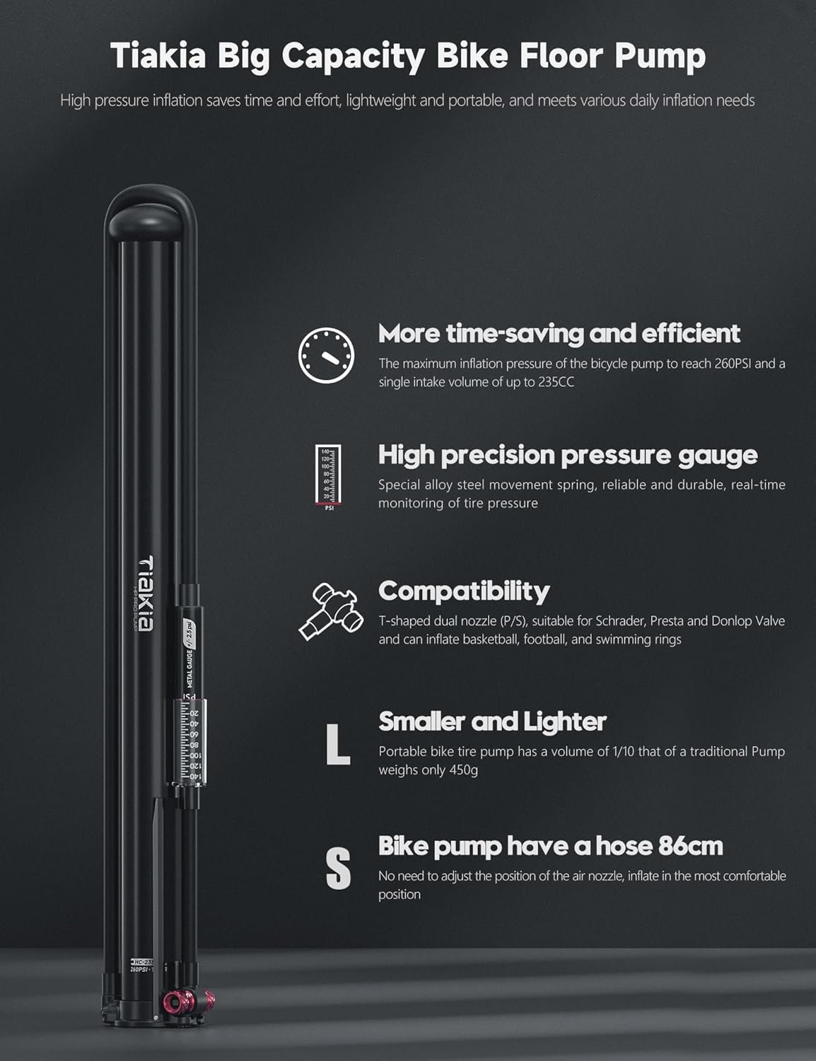Tiakia Bomba de bicicleta con manómetro, bomba de bicicleta de alta presión, bomba de aire de mano portátil de alto volumen, compatible con Presta, válvulas Schrader, bomba de neumáticos de bicicleta - Imagen 10