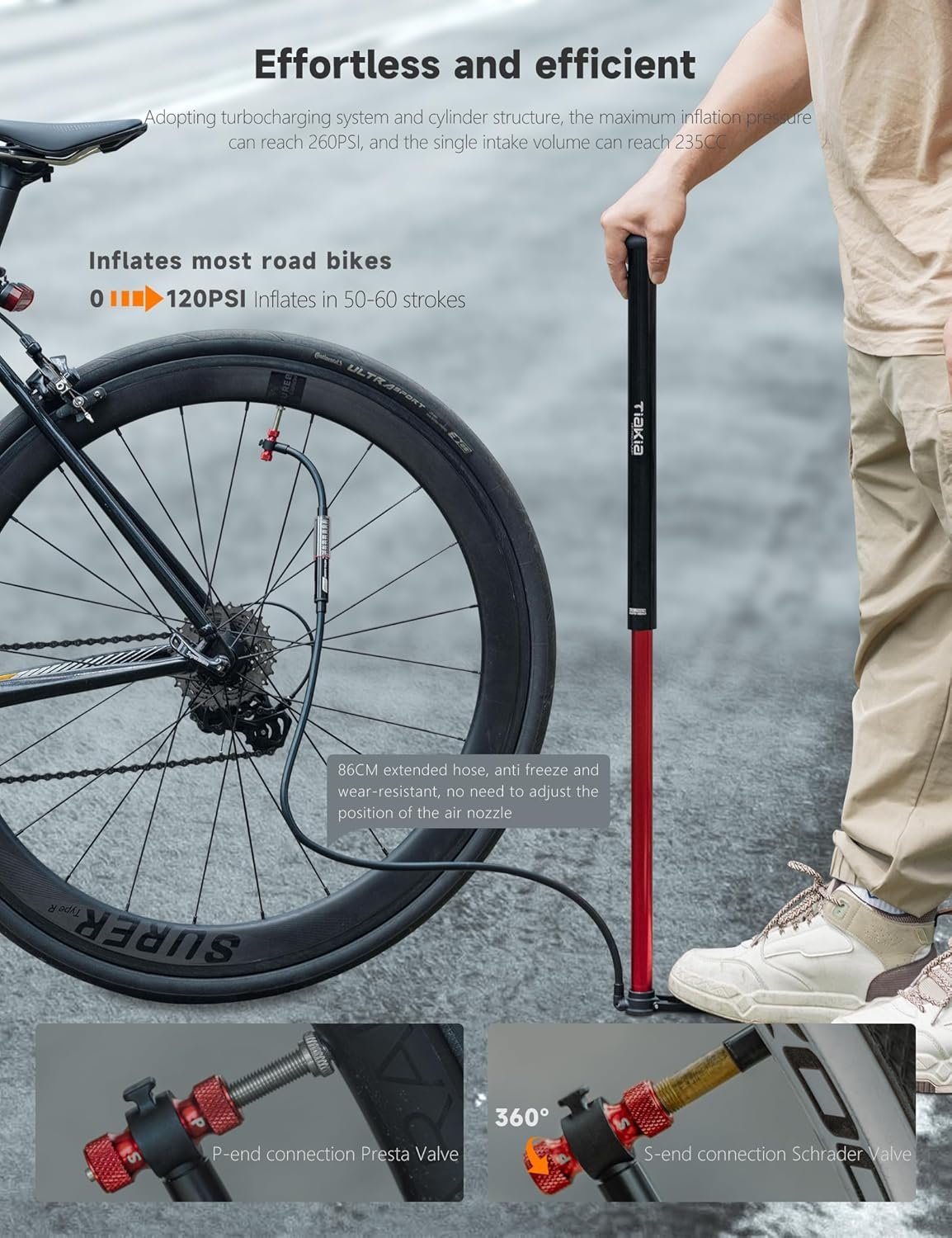 Tiakia Bomba de bicicleta con manómetro, bomba de bicicleta de alta presión, bomba de aire de mano portátil de alto volumen, compatible con Presta, válvulas Schrader, bomba de neumáticos de bicicleta - Imagen 11