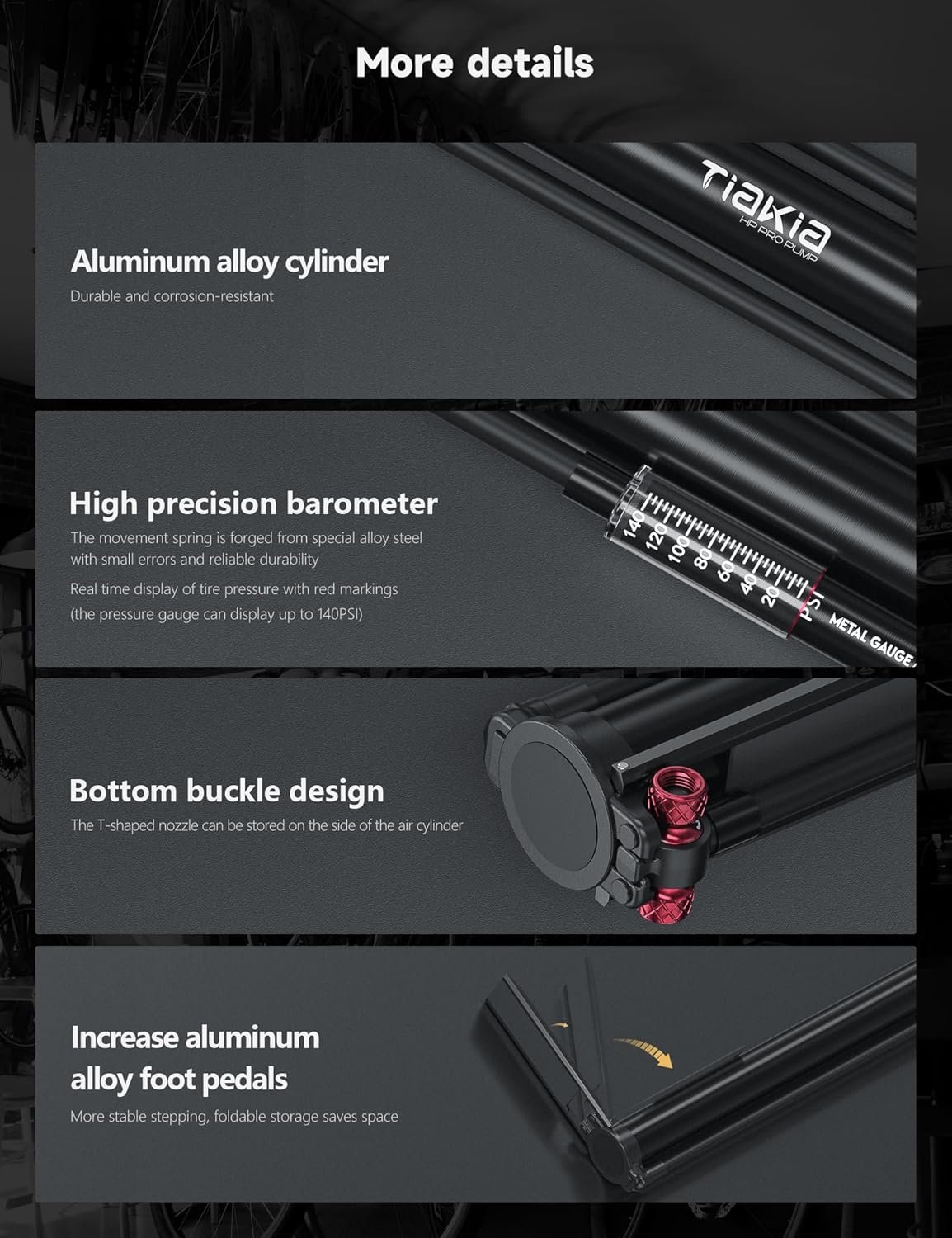 Tiakia Bomba de bicicleta con manómetro, bomba de bicicleta de alta presión, bomba de aire de mano portátil de alto volumen, compatible con Presta, válvulas Schrader, bomba de neumáticos de bicicleta - Imagen 12