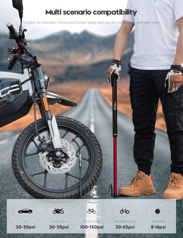 Tiakia Bomba de bicicleta con manómetro, bomba de bicicleta de alta presión, bomba de aire de mano portátil de alto volumen, compatible con Presta, válvulas Schrader, bomba de neumáticos de bicicleta - Imagen 13