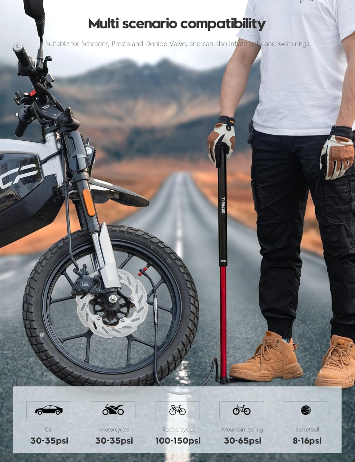 Tiakia Bomba de bicicleta con manómetro, bomba de bicicleta de alta presión, bomba de aire de mano portátil de alto volumen, compatible con Presta, válvulas Schrader, bomba de neumáticos de bicicleta - Imagen 13