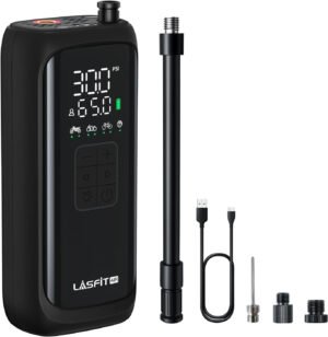 [2025 Upgraded] LASFIT BM1 Bike Pump [20s Fast Inflation] 150PSI Electric Bicycle Air Pump Portable Motorcycle Tire Inflator w/Digital Pressure Gauge, Smart Auto Stop, Schrader, Presta Valve