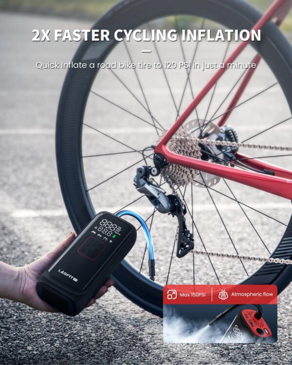 [2025 Upgraded] LASFIT BM1 Bike Pump [20s Fast Inflation] 150PSI Electric Bicycle Air Pump Portable Motorcycle Tire Inflator w/Digital Pressure Gauge, Smart Auto Stop, Schrader, Presta Valve - Imagen 8