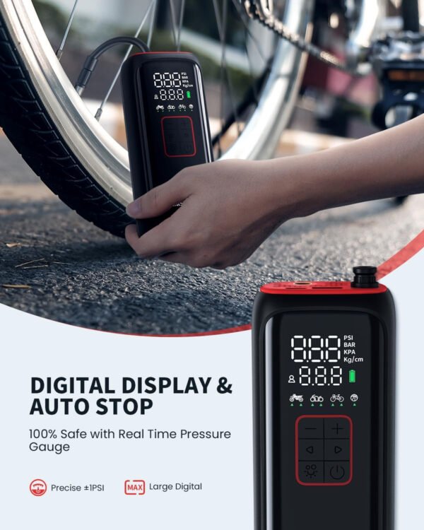 [2025 Upgraded] LASFIT BM1 Bike Pump [20s Fast Inflation] 150PSI Electric Bicycle Air Pump Portable Motorcycle Tire Inflator w/Digital Pressure Gauge, Smart Auto Stop, Schrader, Presta Valve - Imagen 11