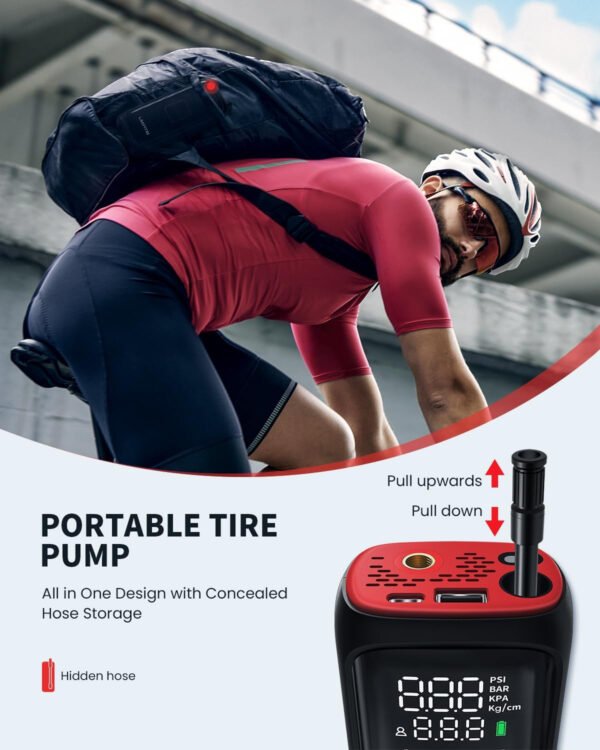 [2025 Upgraded] LASFIT BM1 Bike Pump [20s Fast Inflation] 150PSI Electric Bicycle Air Pump Portable Motorcycle Tire Inflator w/Digital Pressure Gauge, Smart Auto Stop, Schrader, Presta Valve - Imagen 13
